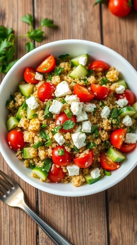 A vibrant Mediterranean quinoa salad with cucumbers, tomatoes, parsley, and feta cheese in a white bowl on a wooden table.
